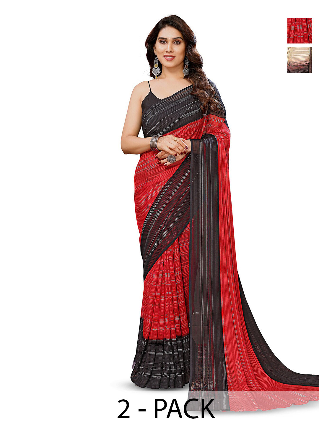 

ANAND SAREES Selection Of 2 Striped Sarees, Red