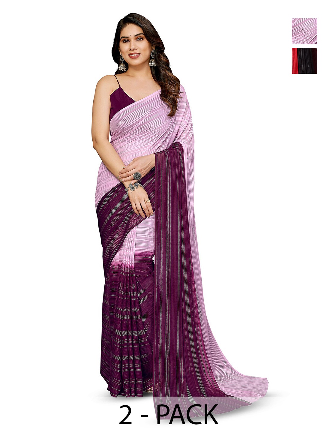 

ANAND SAREES Selection Of 2 Striped Satin Sarees, Black