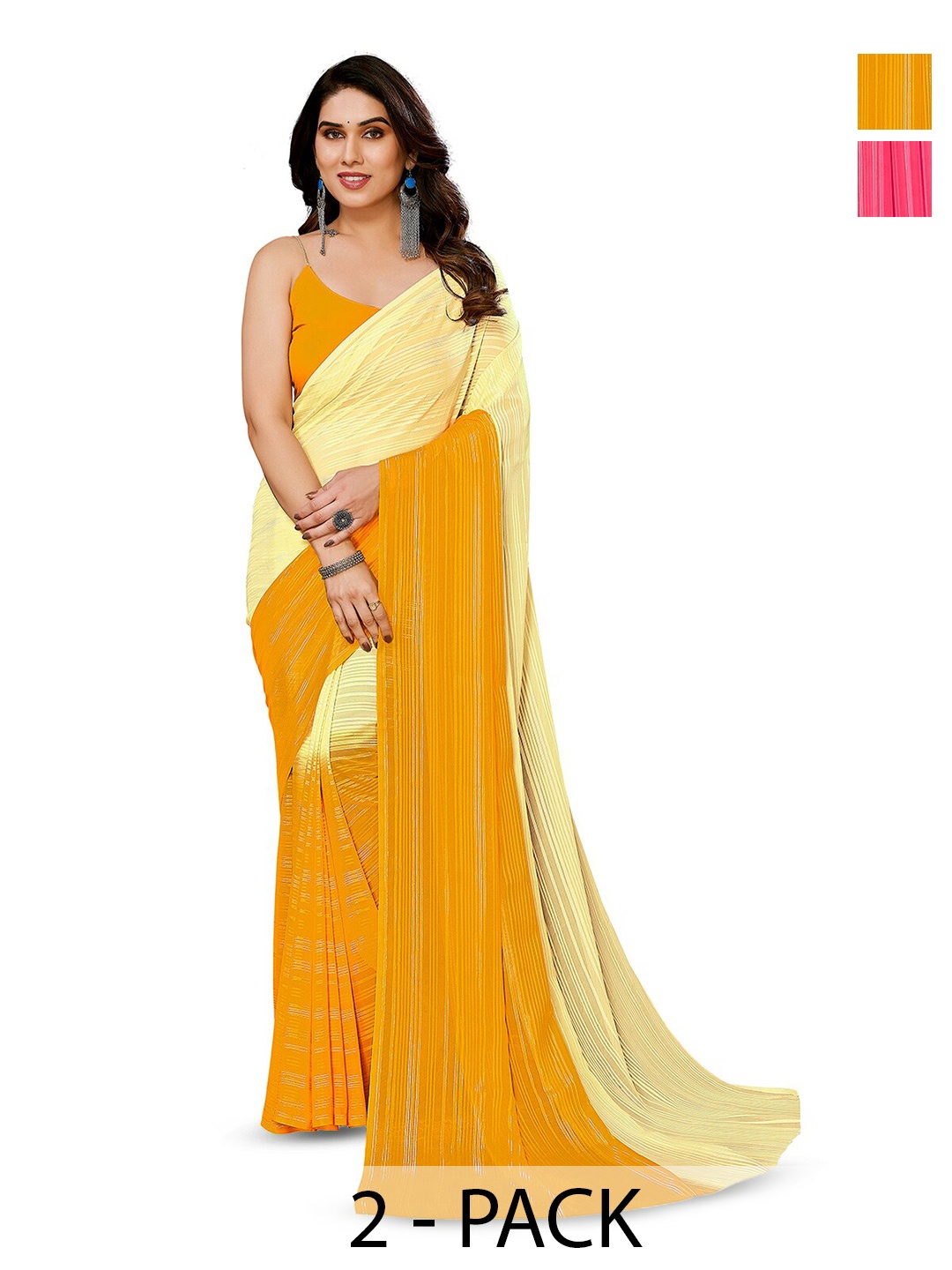 

ANAND SAREES Selection Of 2 Striped Satin Sarees, Pink