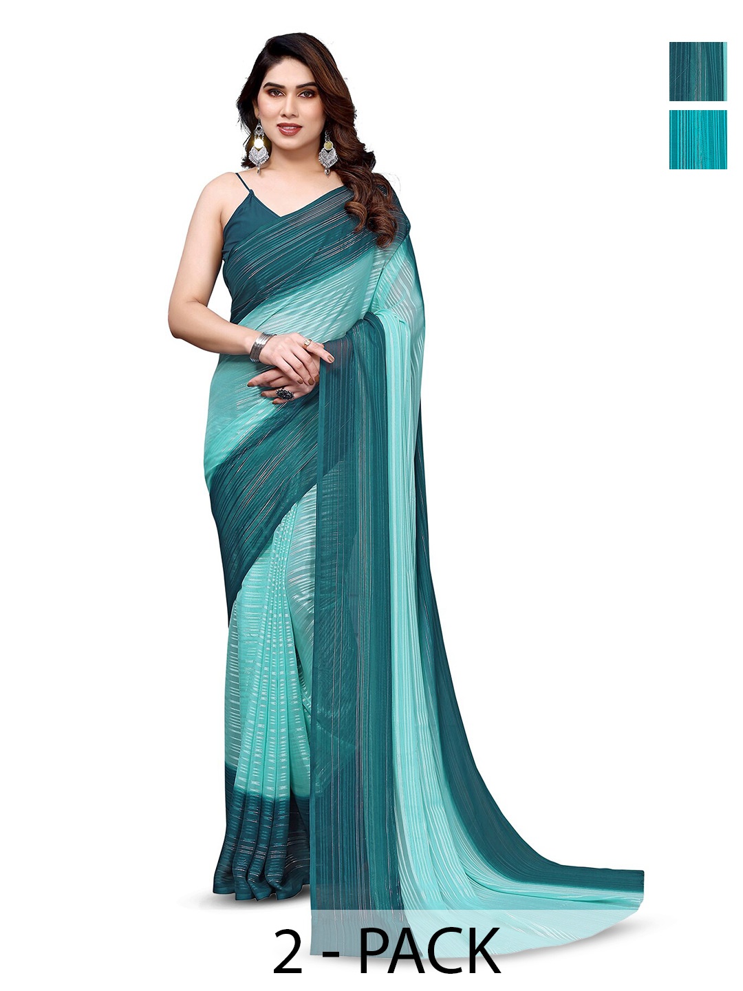 

ANAND SAREES Selection Of 2 Striped Satin Sarees, Blue