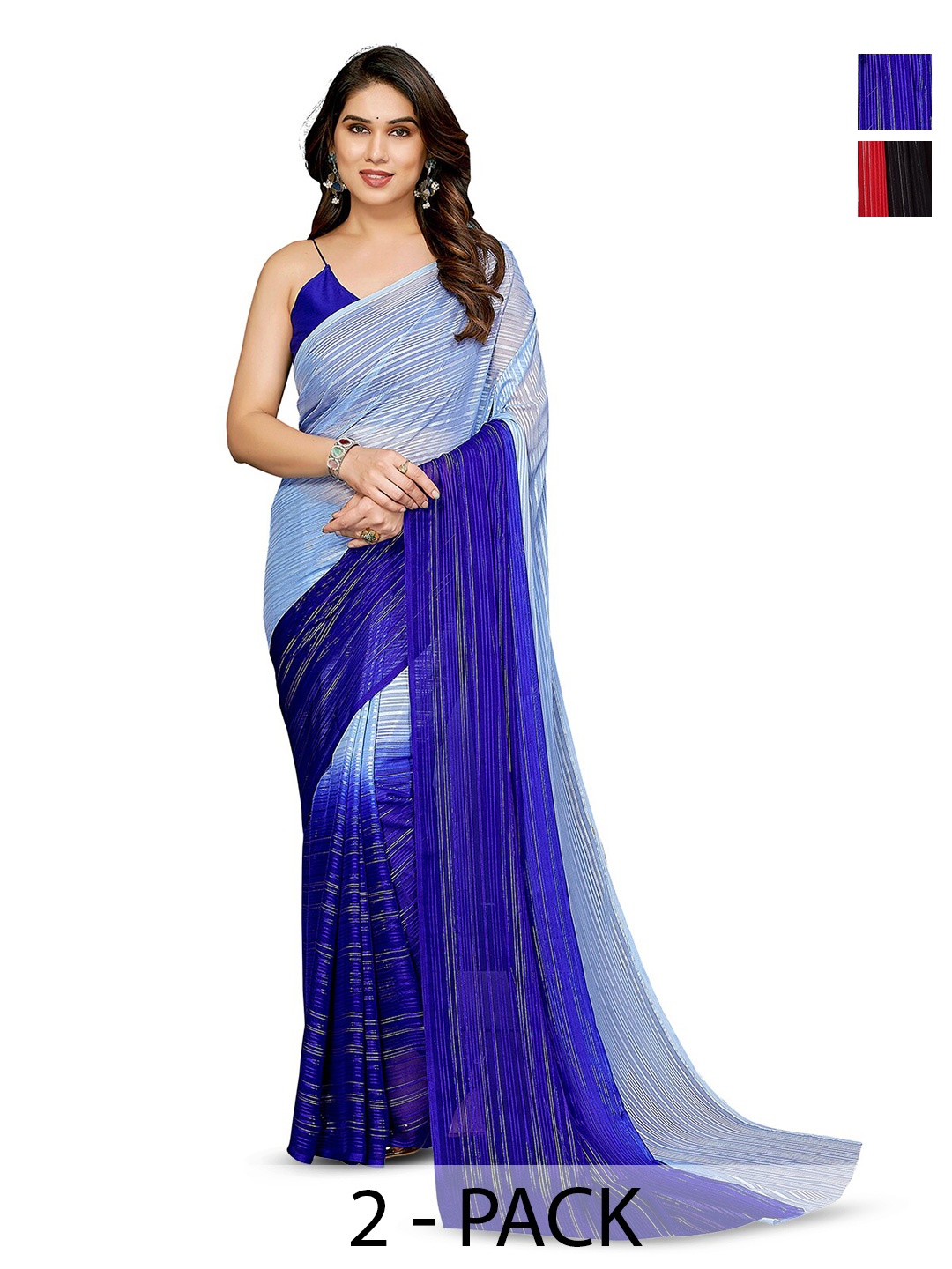 

ANAND SAREES Selection Of 2 Striped Satin Sarees, Red