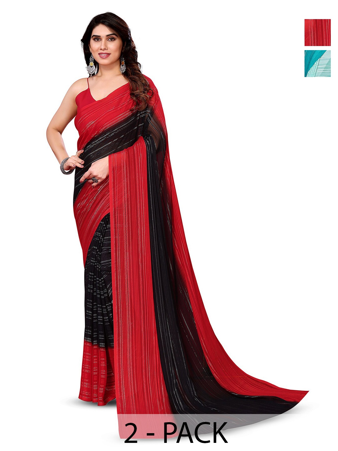 

ANAND SAREES Selection Of 2 Striped Satin Sarees, Red