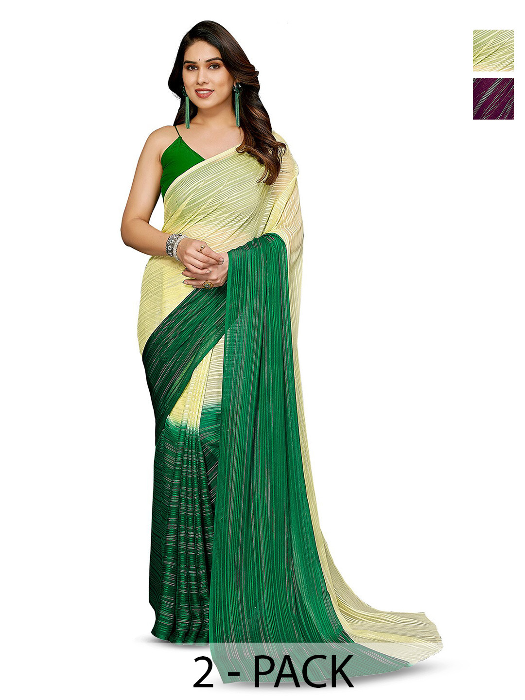 

ANAND SAREES Selection Of 2 Striped Satin Sarees, Cream