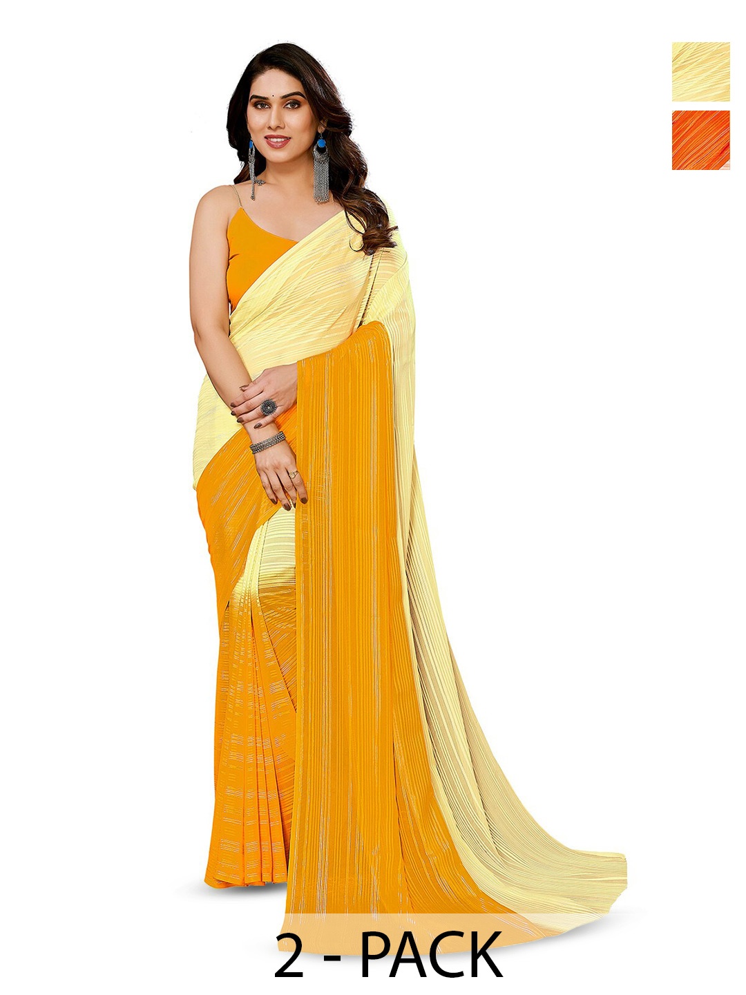

ANAND SAREES Selection Of 2 Striped Satin Sarees, Yellow
