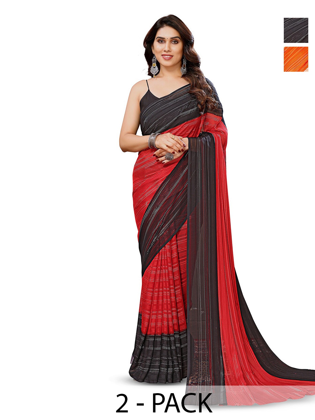 

ANAND SAREES Striped Satin Saree, Red