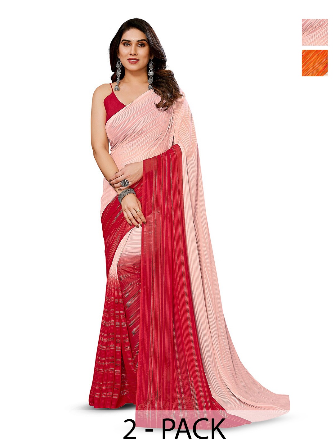 

ANAND SAREES Selection Of 2 Striped Satin Saree, Red