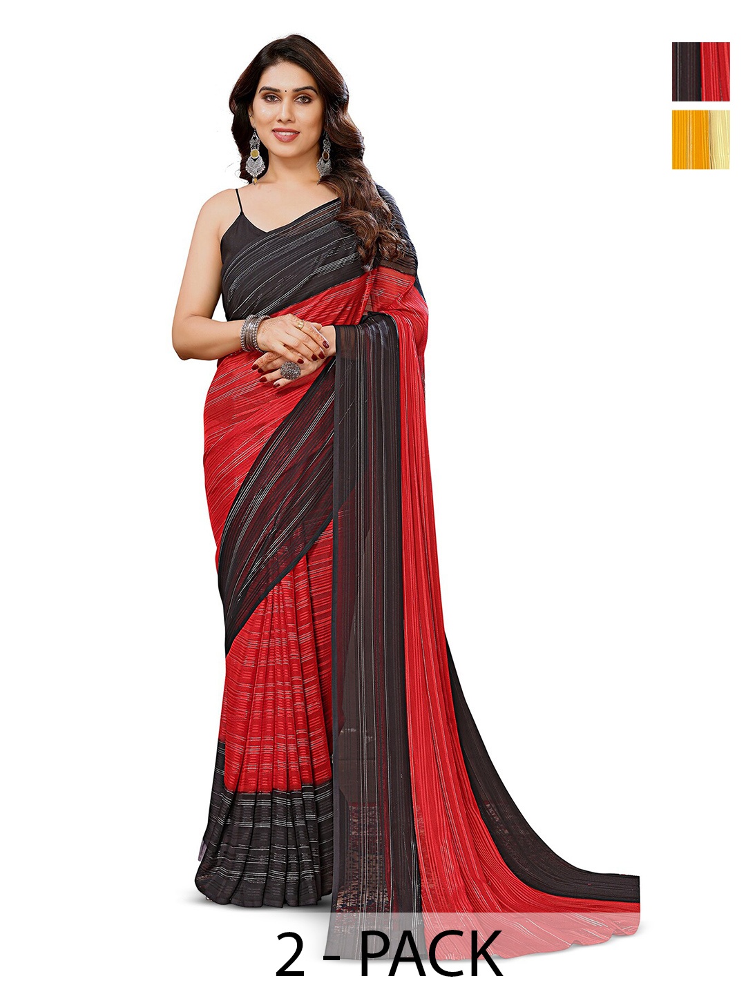 

ANAND SAREES Striped Satin Saree, Red