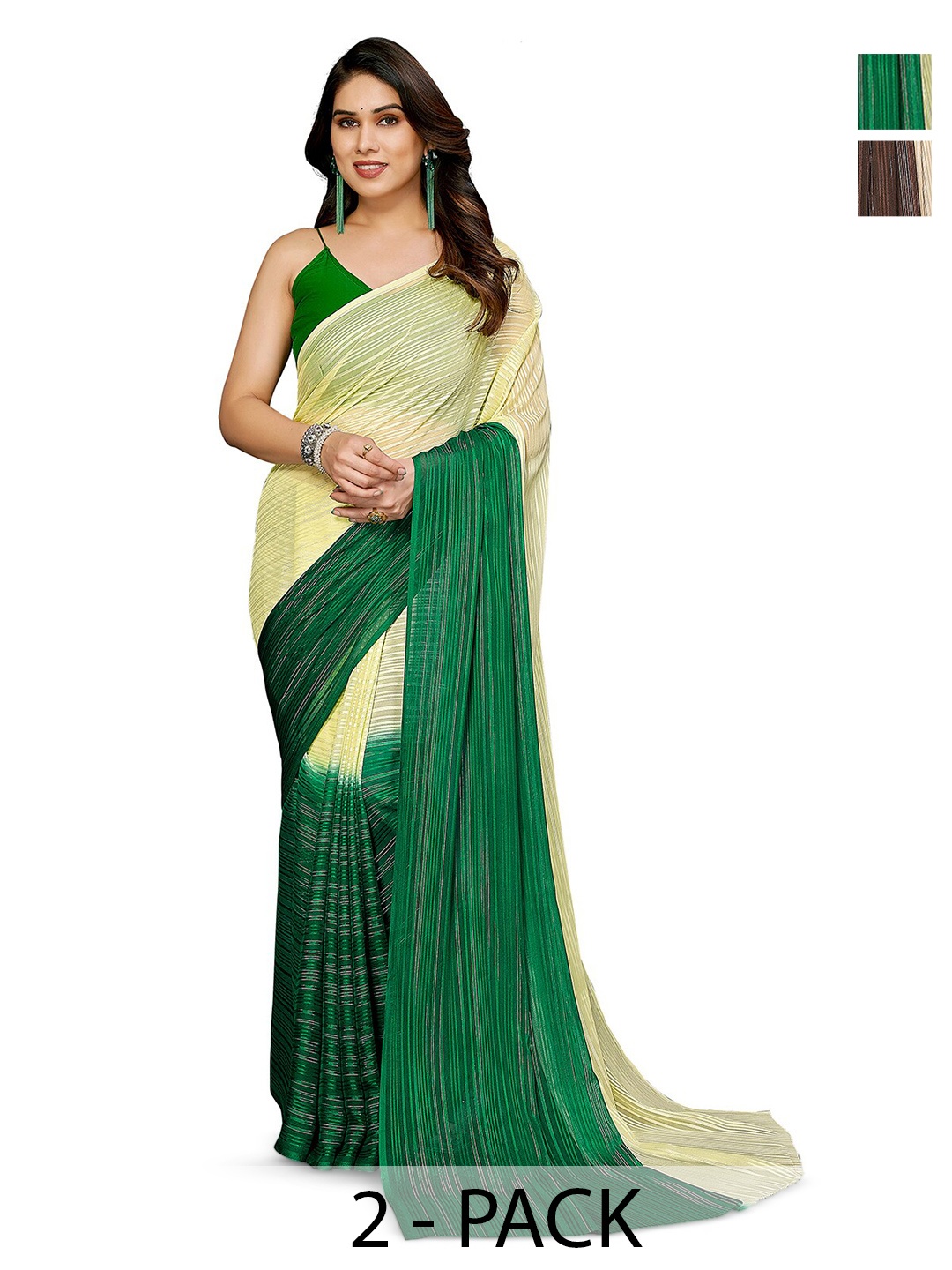 

ANAND SAREES Selection Of 2 Striped Satin Sarees, Green