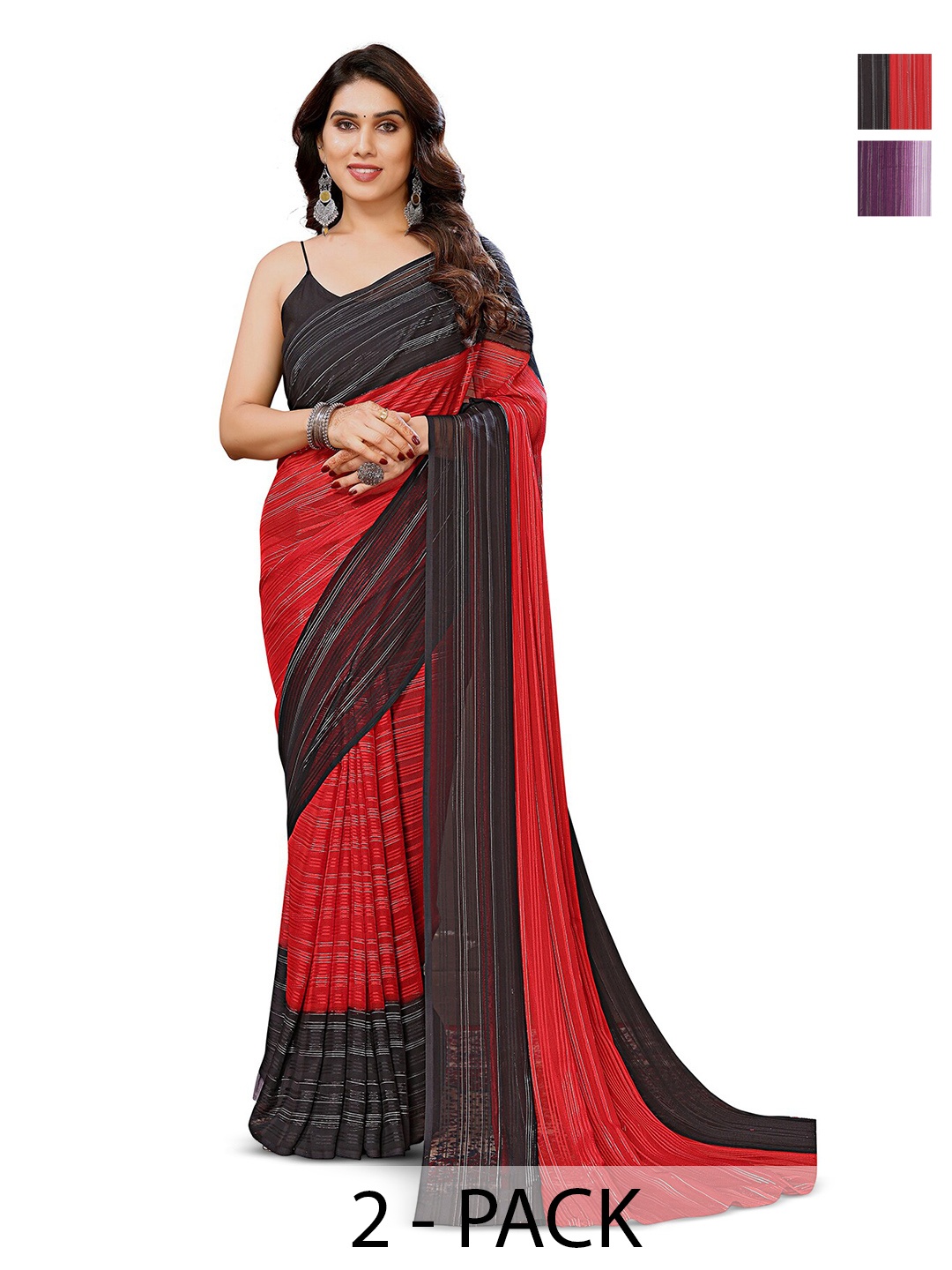 

ANAND SAREES Selection Of 2 Striped Satin Sarees, Red