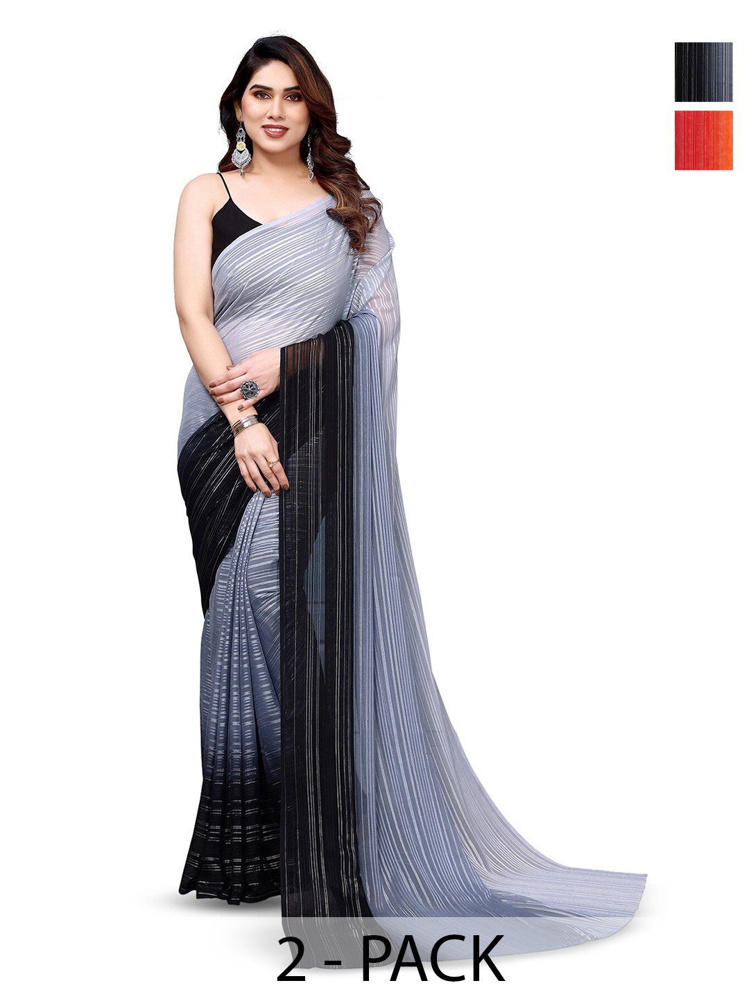 

ANAND SAREES Selection Of 2 Striped Satin Sarees, Black