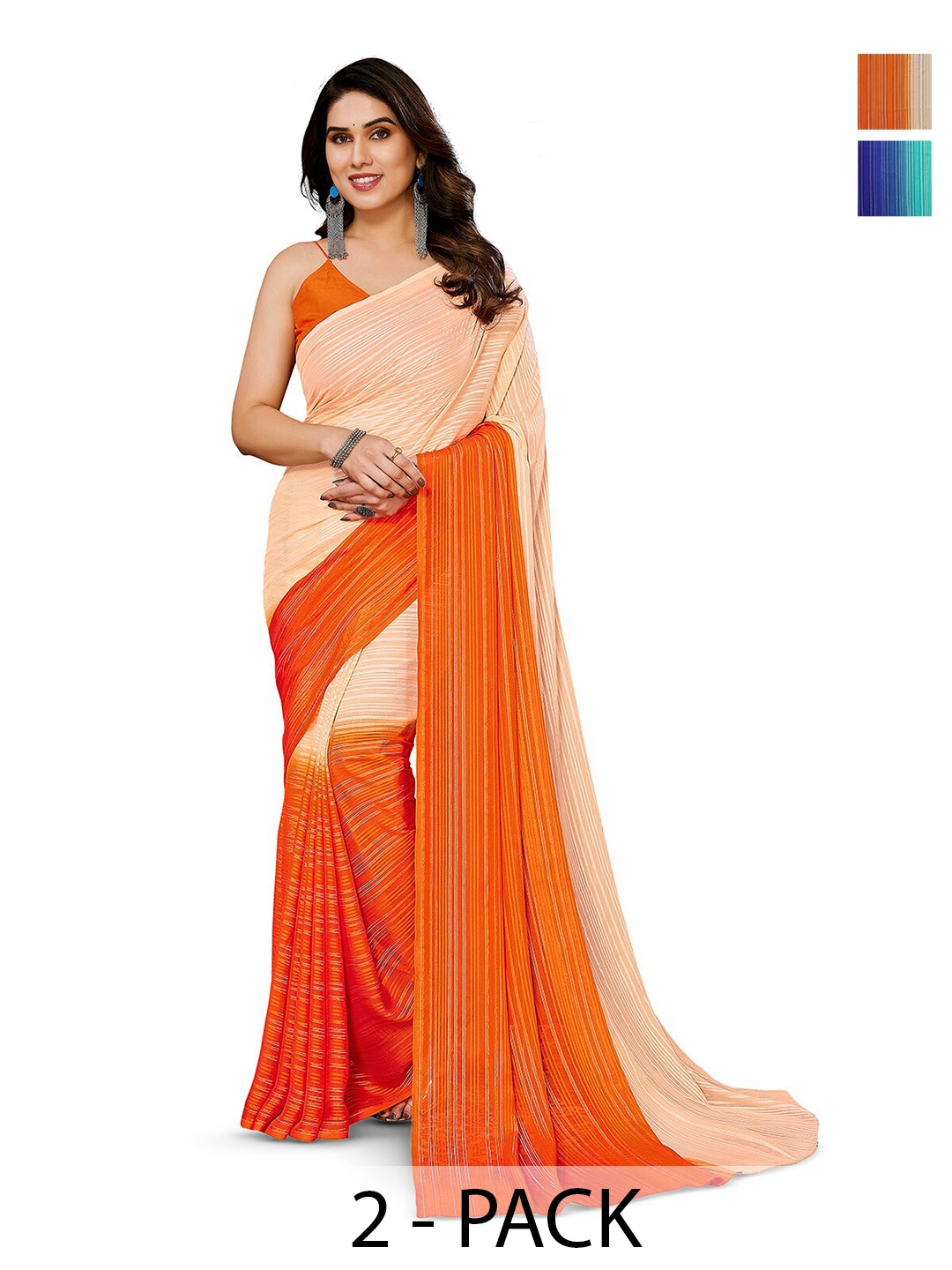 

ANAND SAREES Selection Of 2 Striped Satin Sarees, Blue