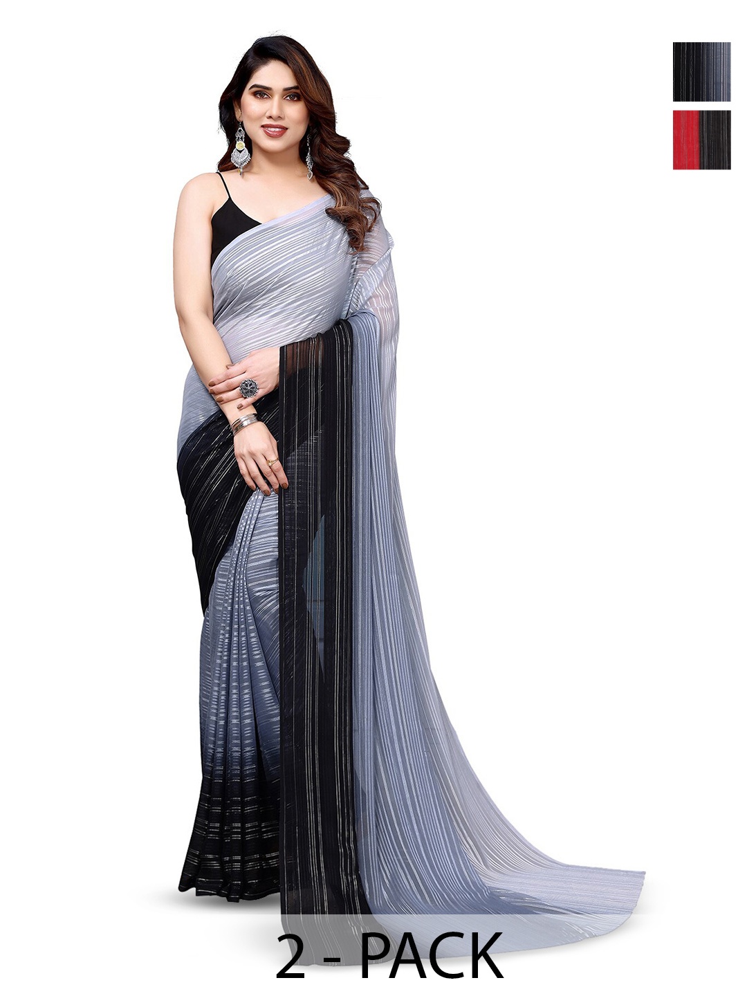 

ANAND SAREES Selection Of 2 Striped Sarees, Grey