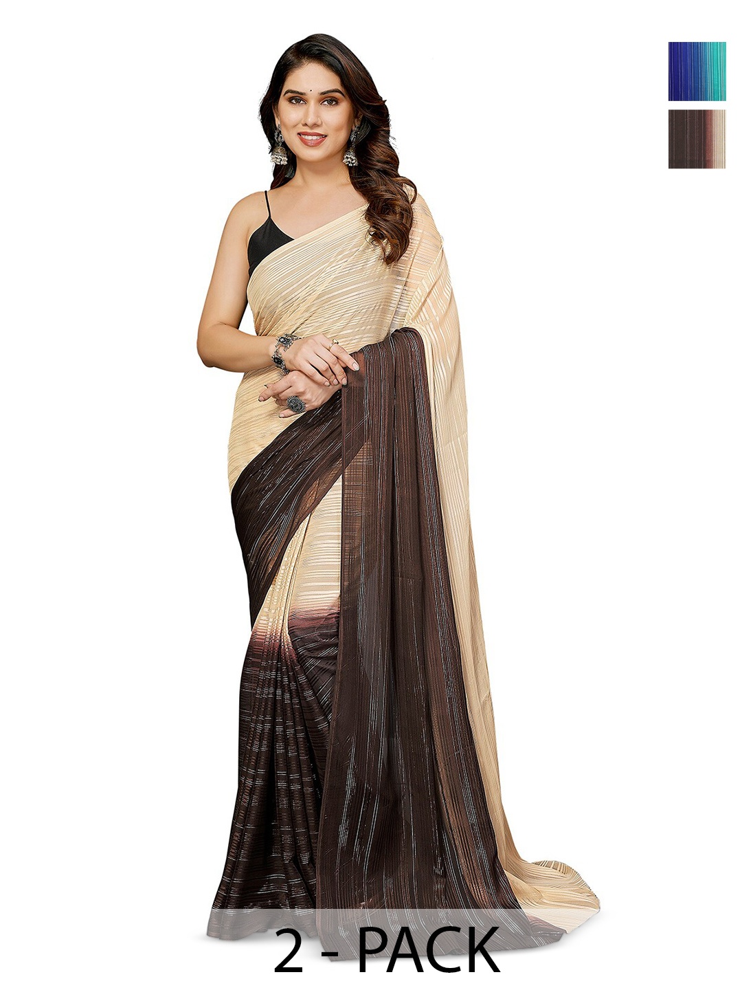 

ANAND SAREES Selection Of 2 Striped Sarees, Blue