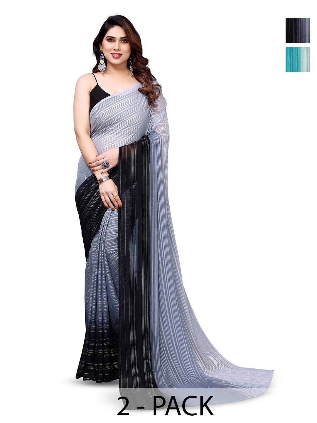 

ANAND SAREES Selection Of 2 Striped Sarees, Grey