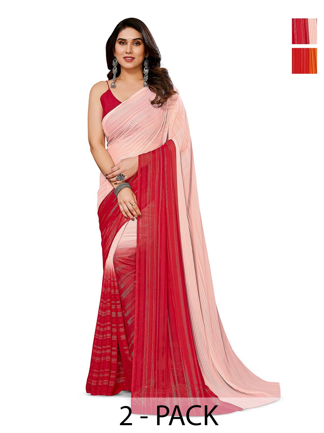 

ANAND SAREES Selection Of 2 Striped Sarees, Red