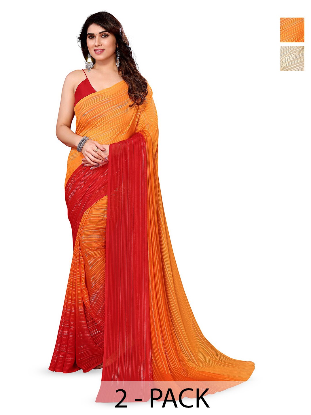 

ANAND SAREES Selection Of 2 Striped Satin Saree, Red