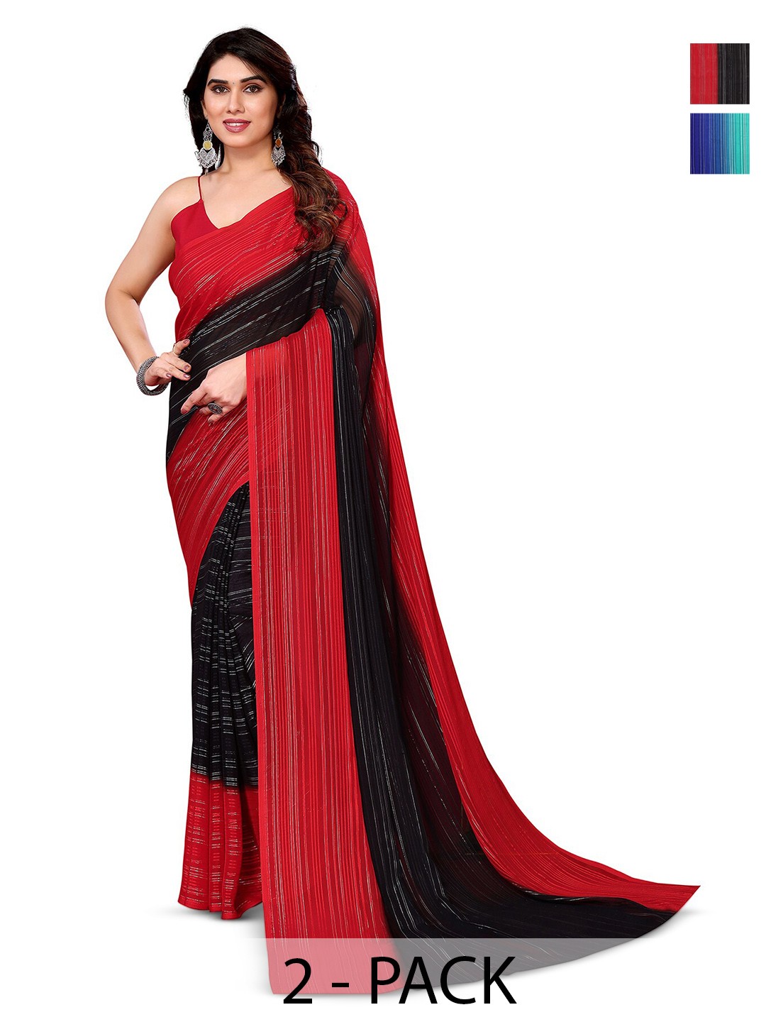 

ANAND SAREES Selection Of 2 Striped Sarees, Red