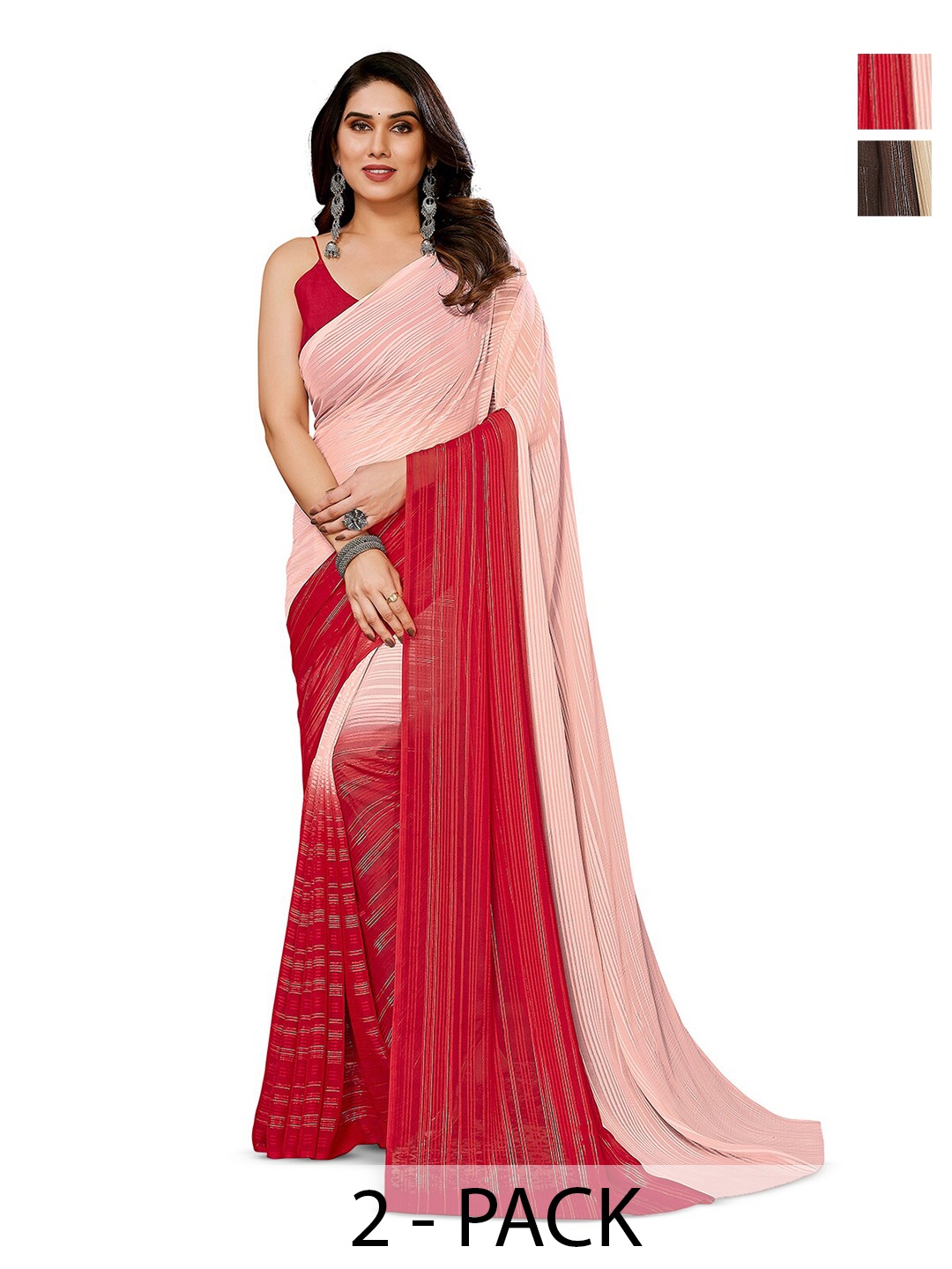 

ANAND SAREES Striped Satin Saree, Red