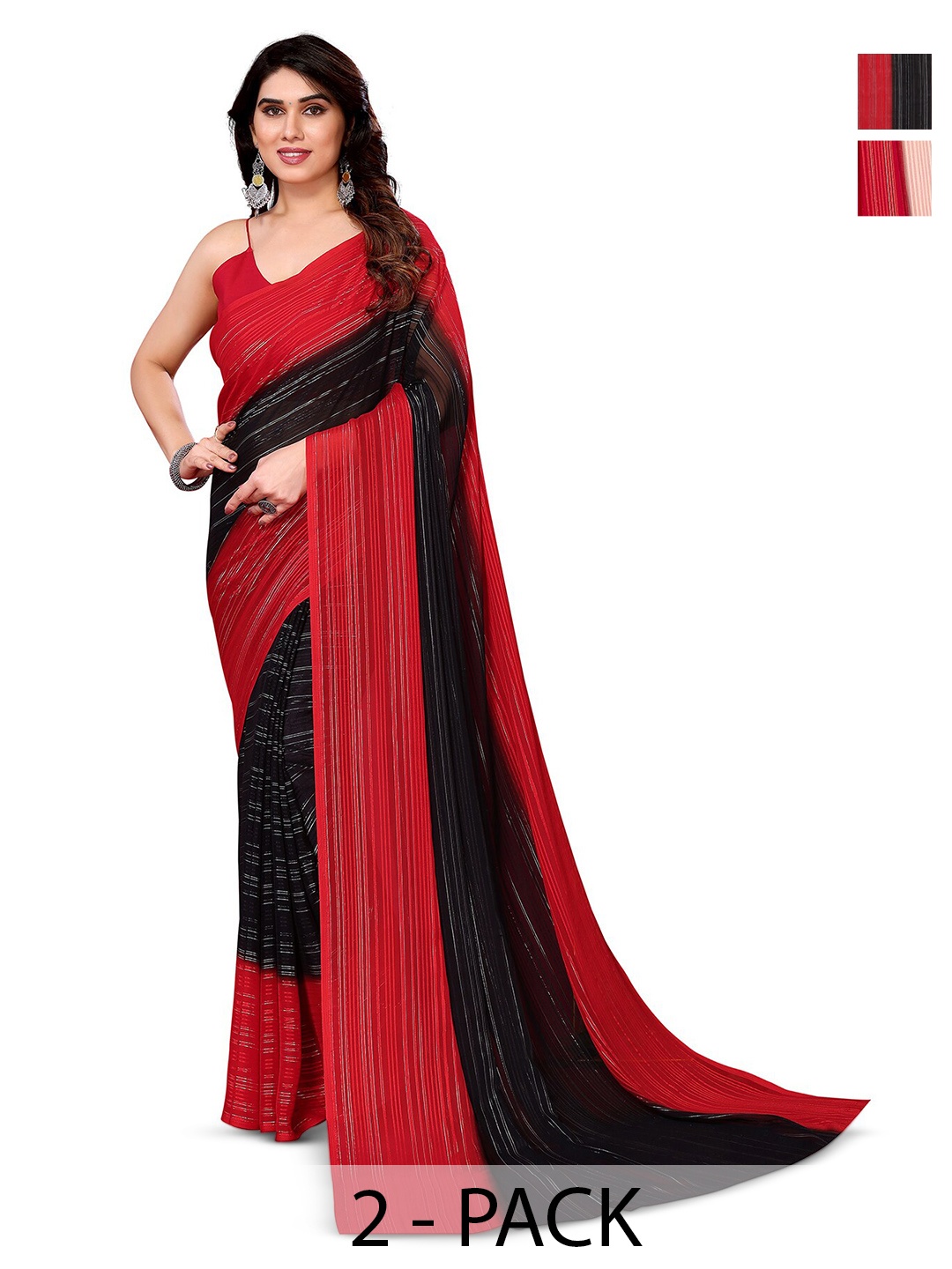 

ANAND SAREES Selection Of 2 Striped Satin Saree, Red