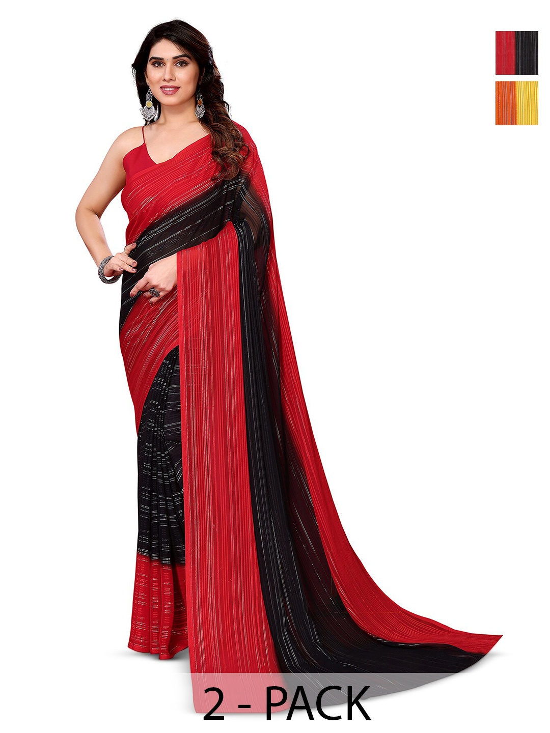 

ANAND SAREES Striped Satin Saree, Red