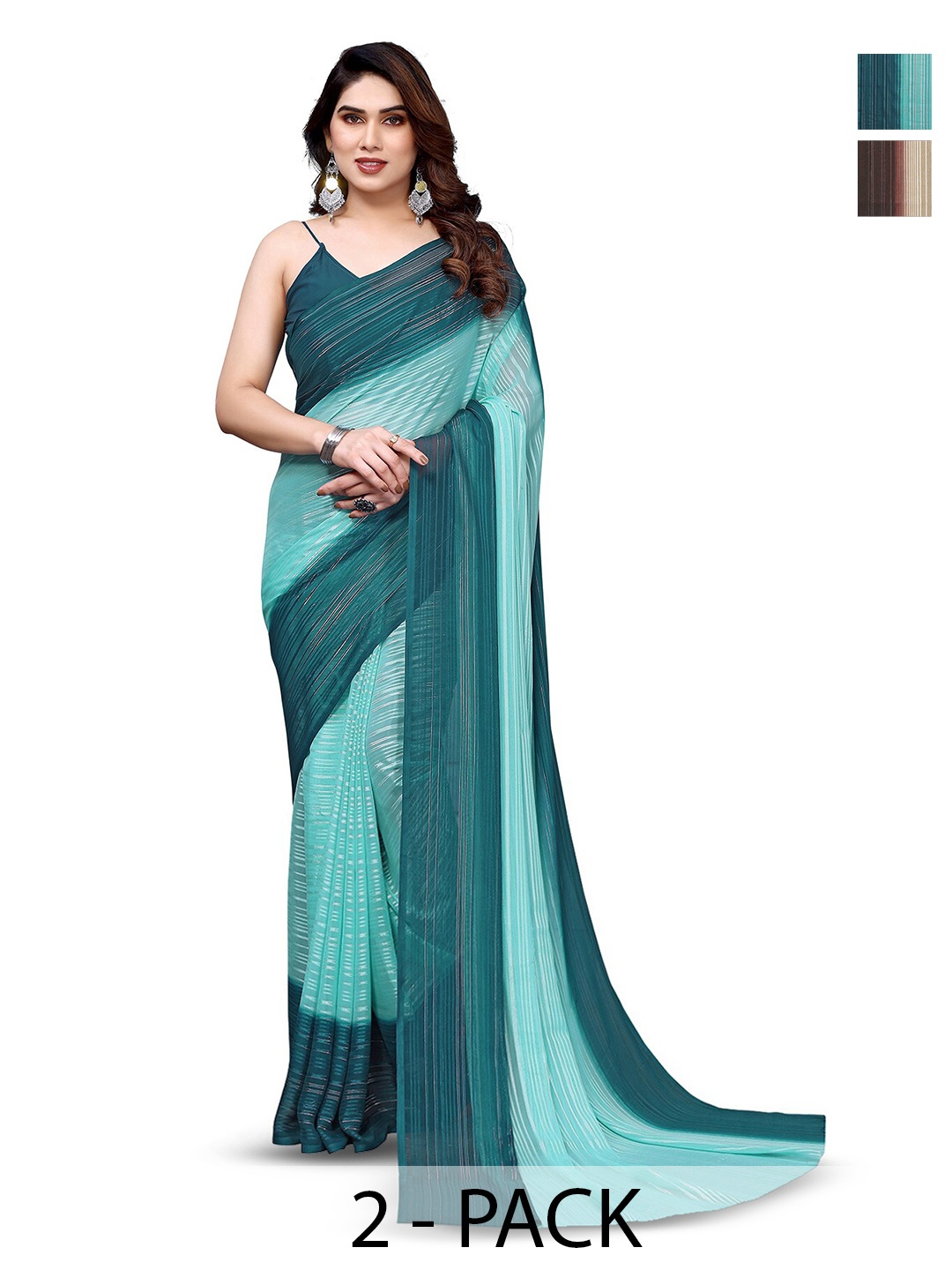 

ANAND SAREES Selection Of 2 Striped Satin Saree, Blue