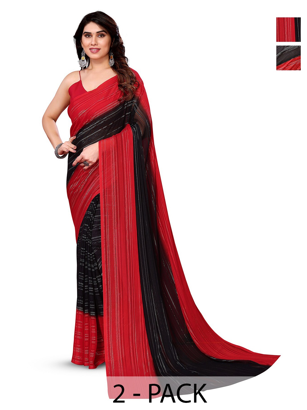 

ANAND SAREES Striped Satin Saree, Red
