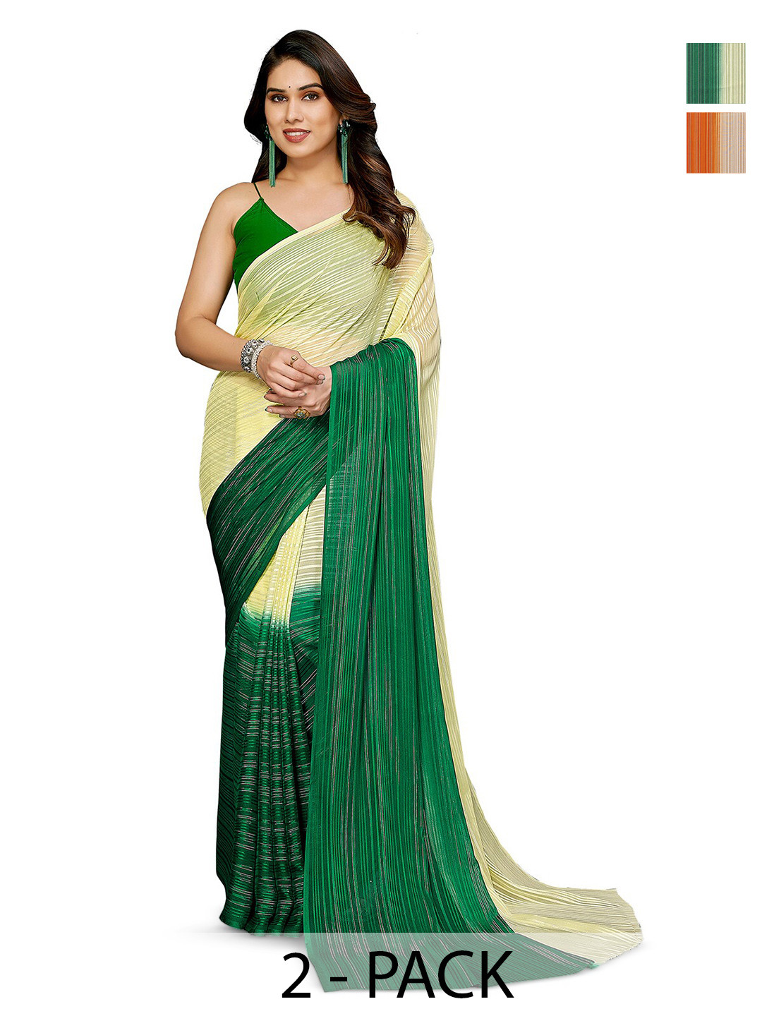 

ANAND SAREES Selection Of 2 Striped Satin Saree, Orange
