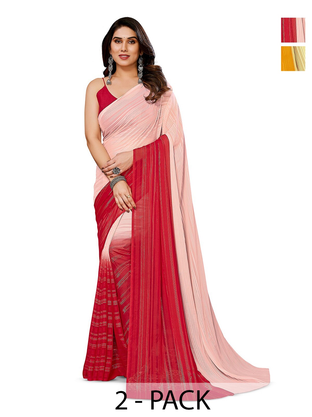 

ANAND SAREES Selection Of 2 Striped Satin Sarees, Pink