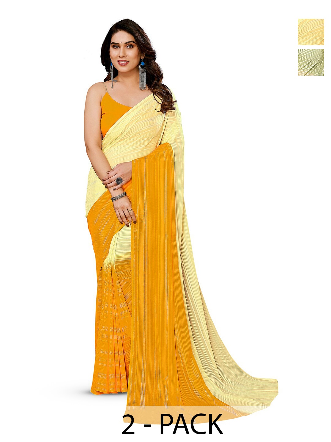 

ANAND SAREES Selection Of 2 Striped Sarees, Yellow