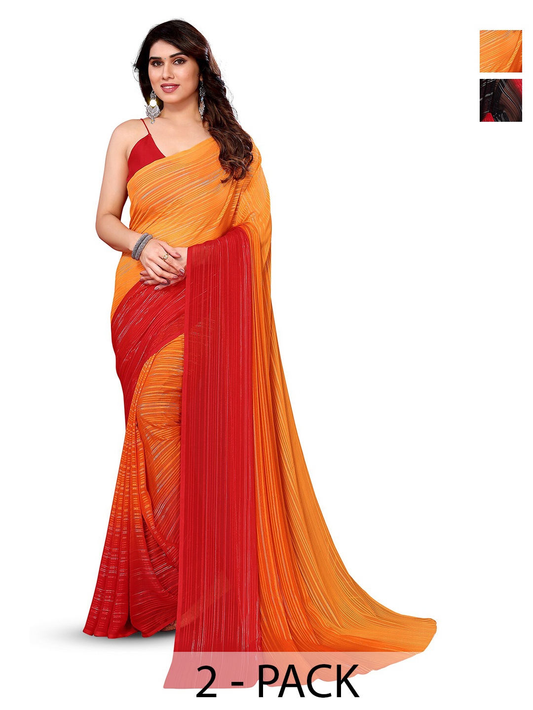 

ANAND SAREES Selection Of 2 Striped Satin Sarees, Red
