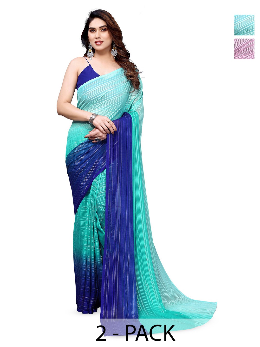 

ANAND SAREES Selection Of 2 Striped Satin Sarees, Lavender