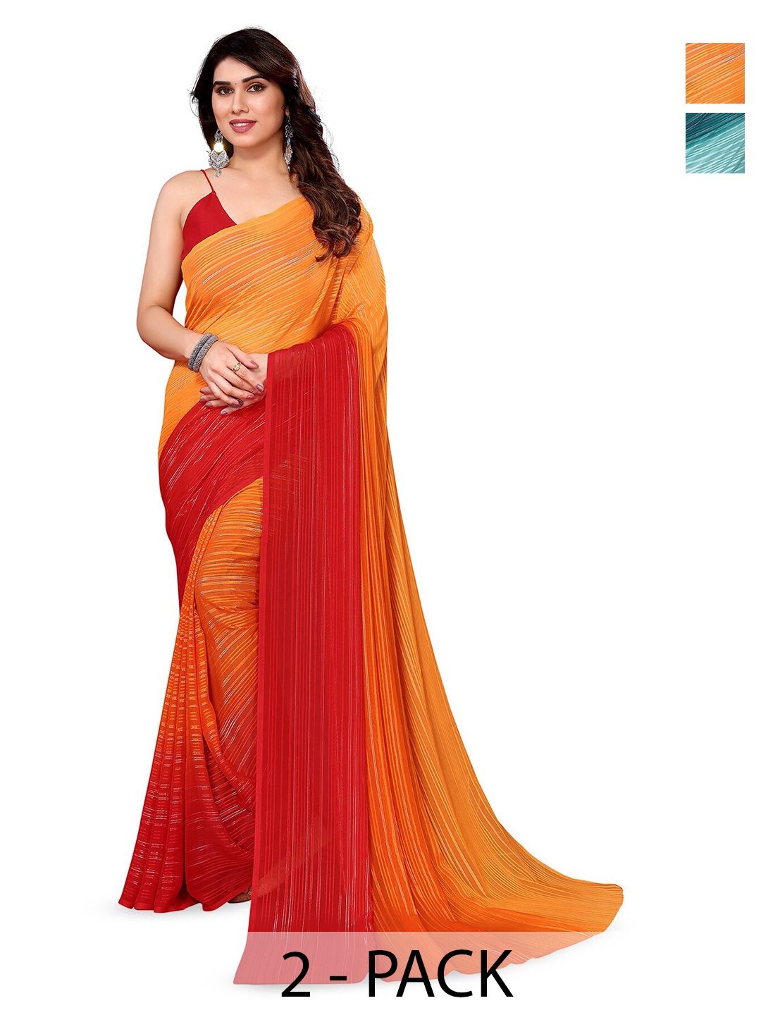 

ANAND SAREES Selection Of 2 Striped Satin Saree, Red