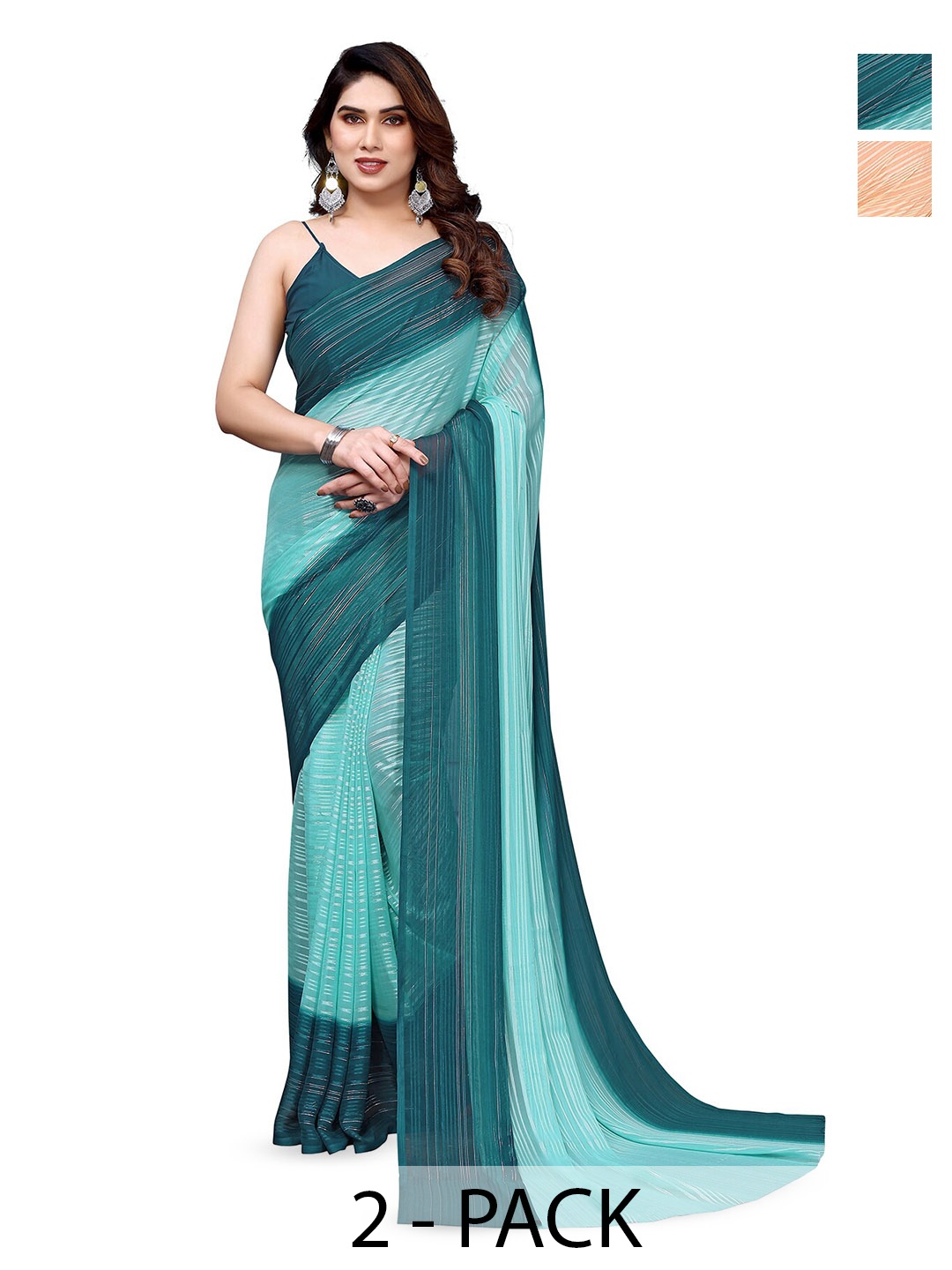 

ANAND SAREES Selection Of 2 Striped Satin Sarees, Blue