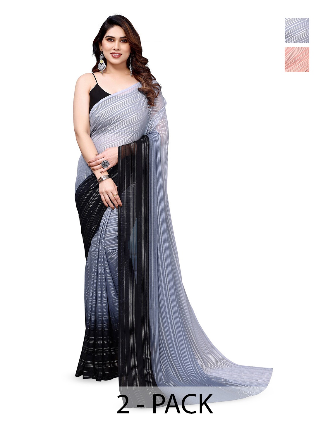 

ANAND SAREES Selection Of 2 Striped Satin Sarees, Black