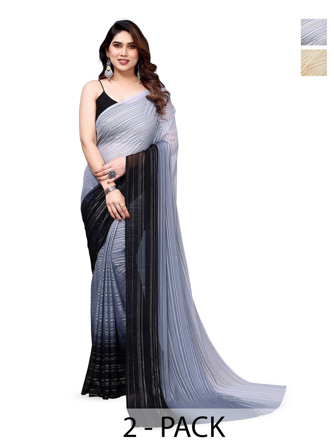 

ANAND SAREES Selection Of 2 Striped Satin Sarees, Grey