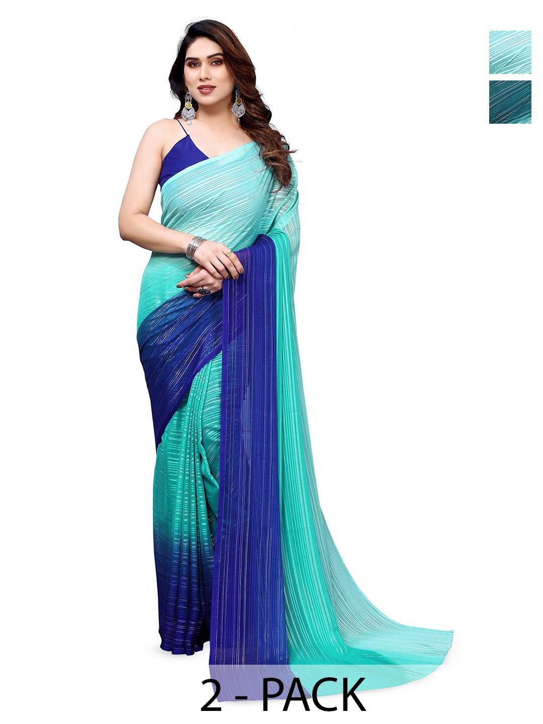 

ANAND SAREES Selection Of 2 Striped Sarees, Blue