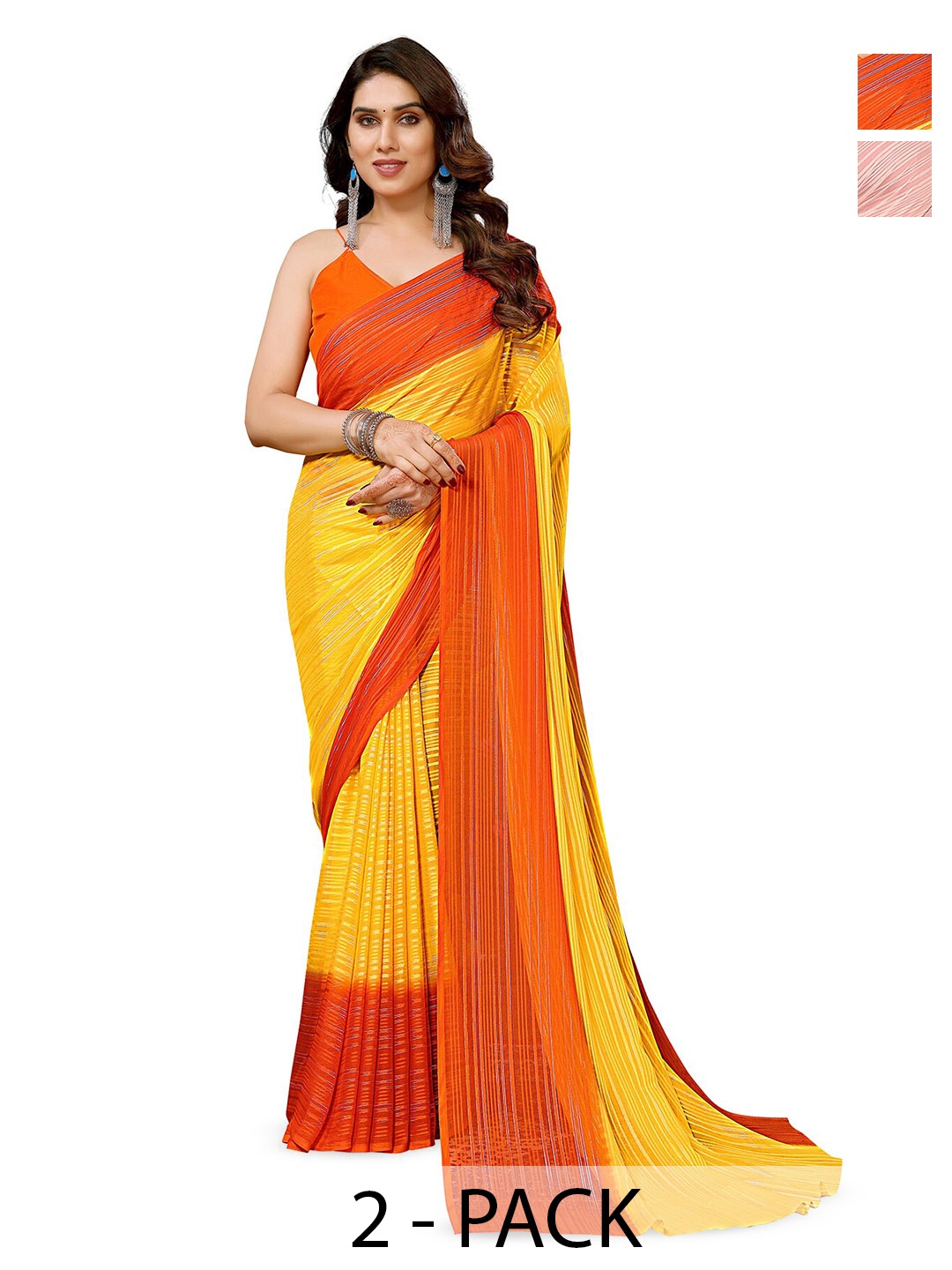 

ANAND SAREES Selection Of 2 Striped Satin Sarees, Yellow