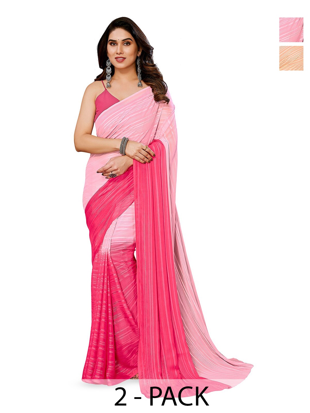 

ANAND SAREES Selection Of 2 Striped Satin Sarees, Pink