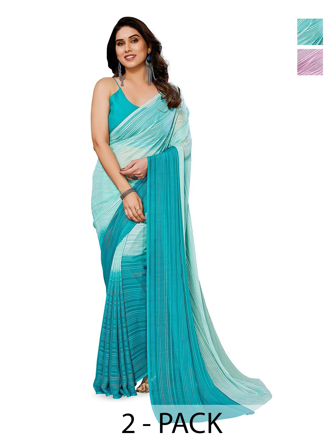 

ANAND SAREES Selection Of 2 Striped Satin Saree, Blue
