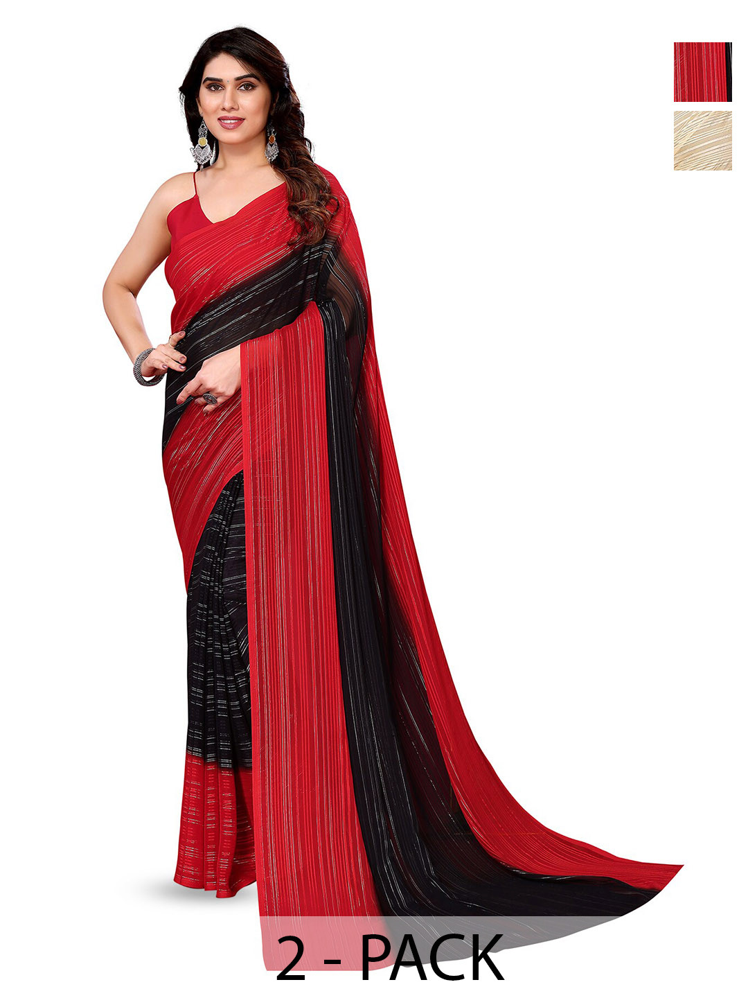 

ANAND SAREES Selection Of 2 Striped Satin Sarees, Red