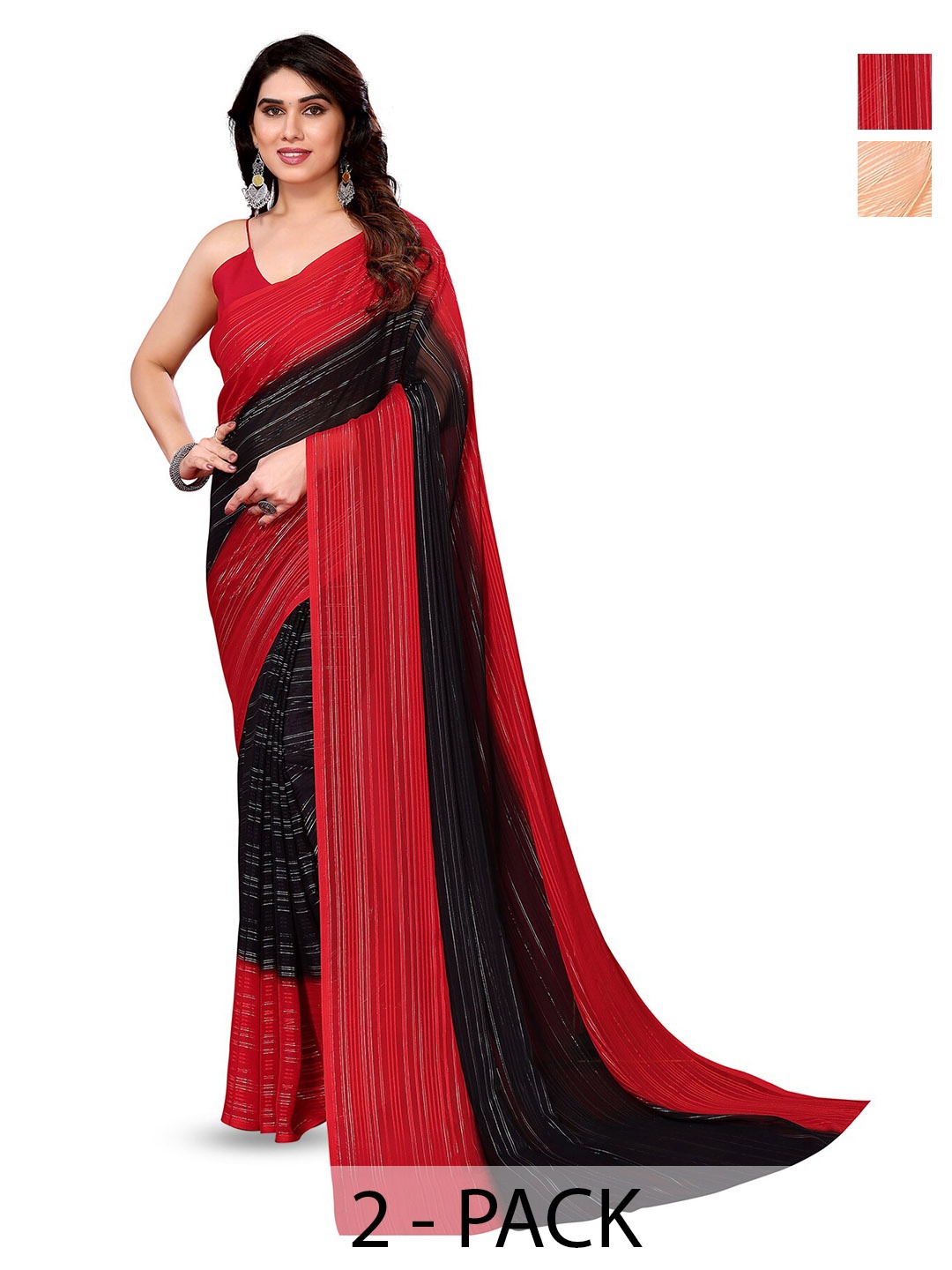 

ANAND SAREES Selection Of 2 Striped Satin Saree, Red
