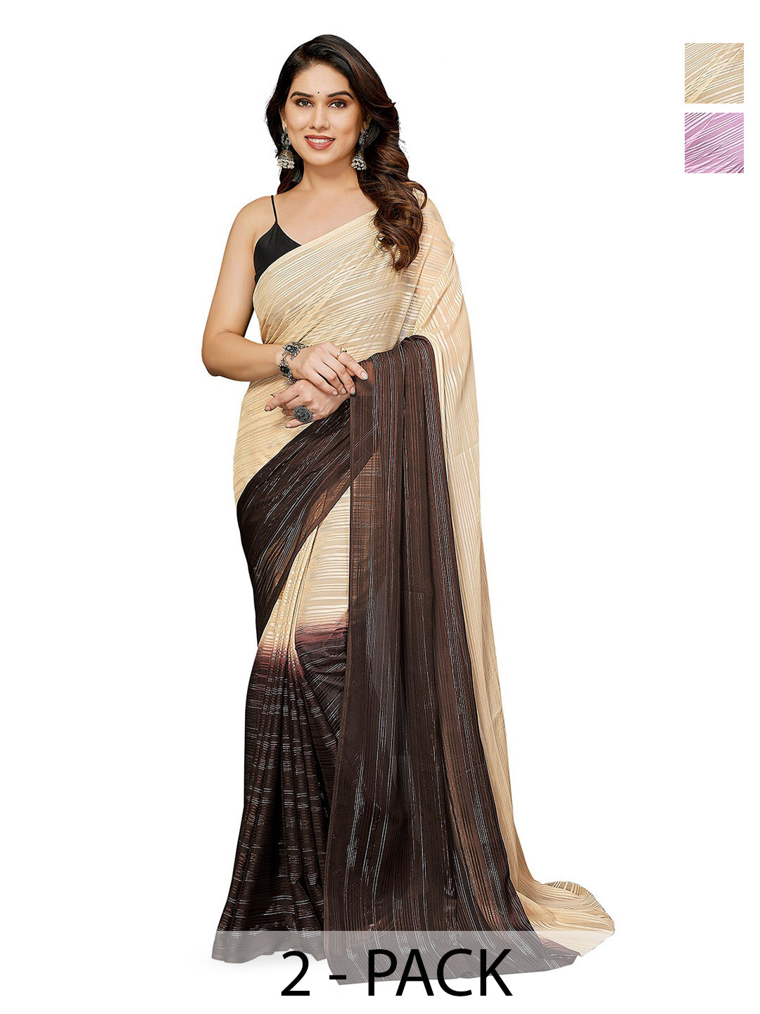

ANAND SAREES Striped Satin Saree, Beige