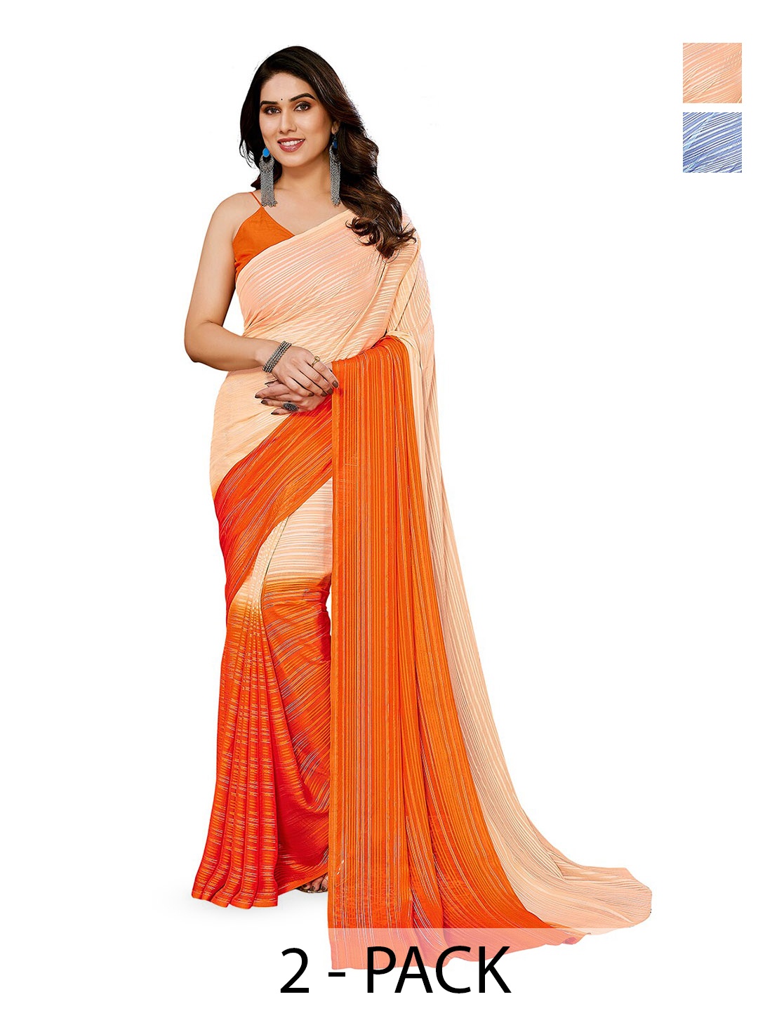 

ANAND SAREES Selection Of 2 Striped Satin Saree, Orange