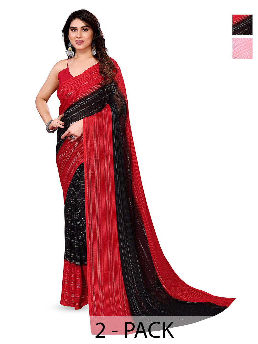 

ANAND SAREES Selection Of 2 Striped Sarees, Red