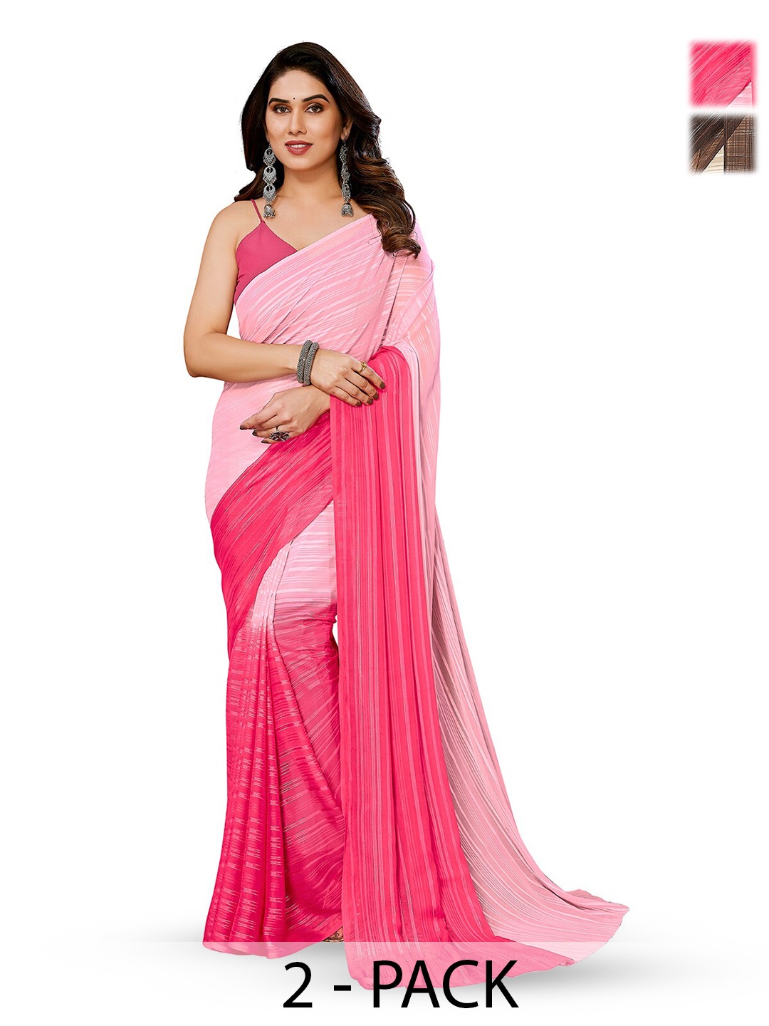 

ANAND SAREES Selection Of 2 Striped Sarees, Pink