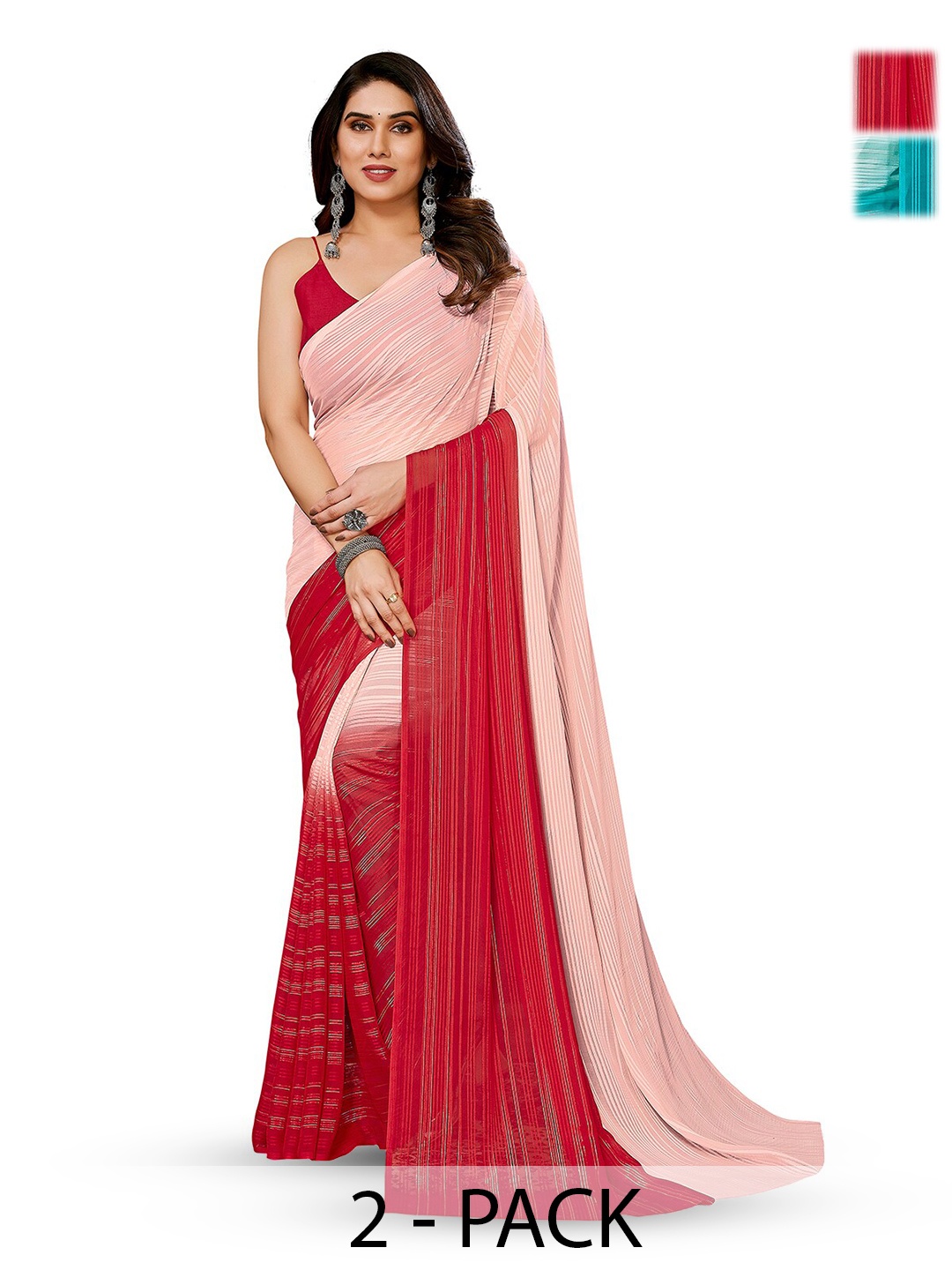 

ANAND SAREES Selection Of 2 Striped Sarees, Blue