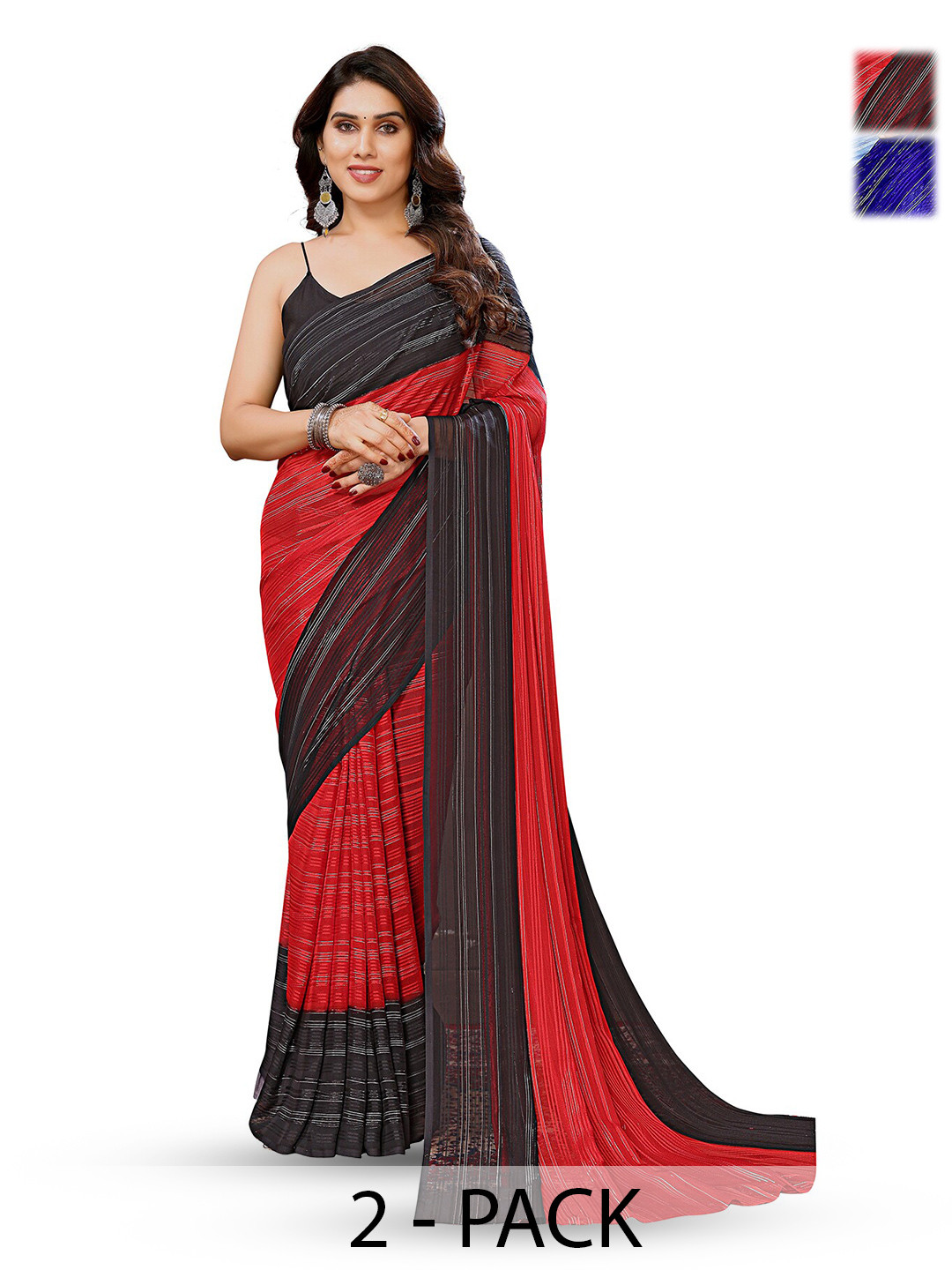 

ANAND SAREES Selection Of 2 Striped Satin Saree, Red