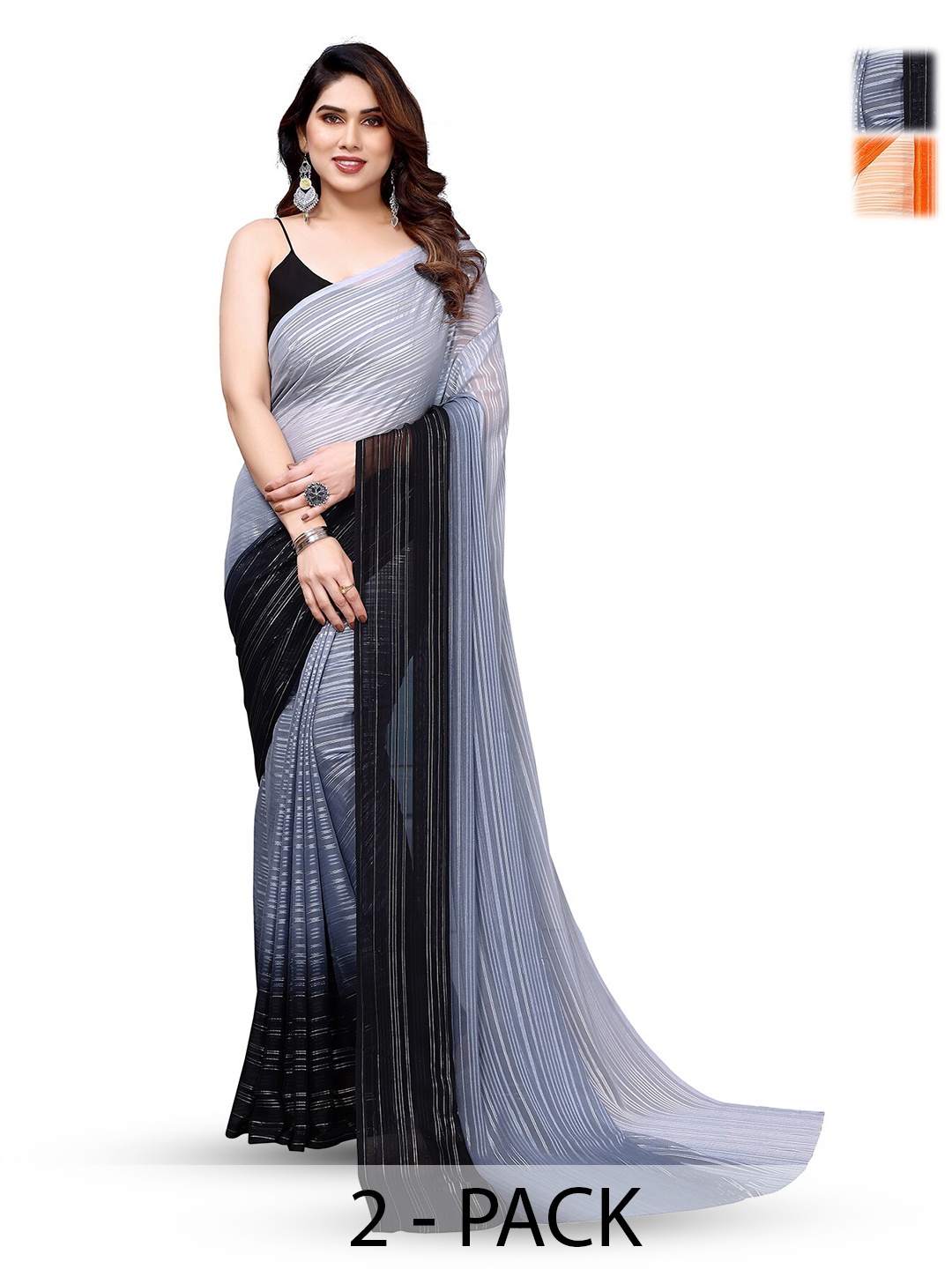 

ANAND SAREES Selection Of 2 Striped Sarees, Grey