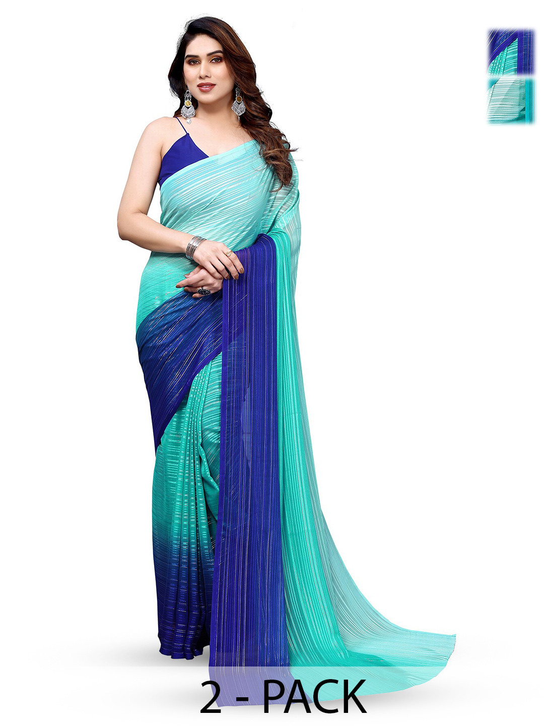 

ANAND SAREES Selection Of 2 Striped Satin Saree, Blue