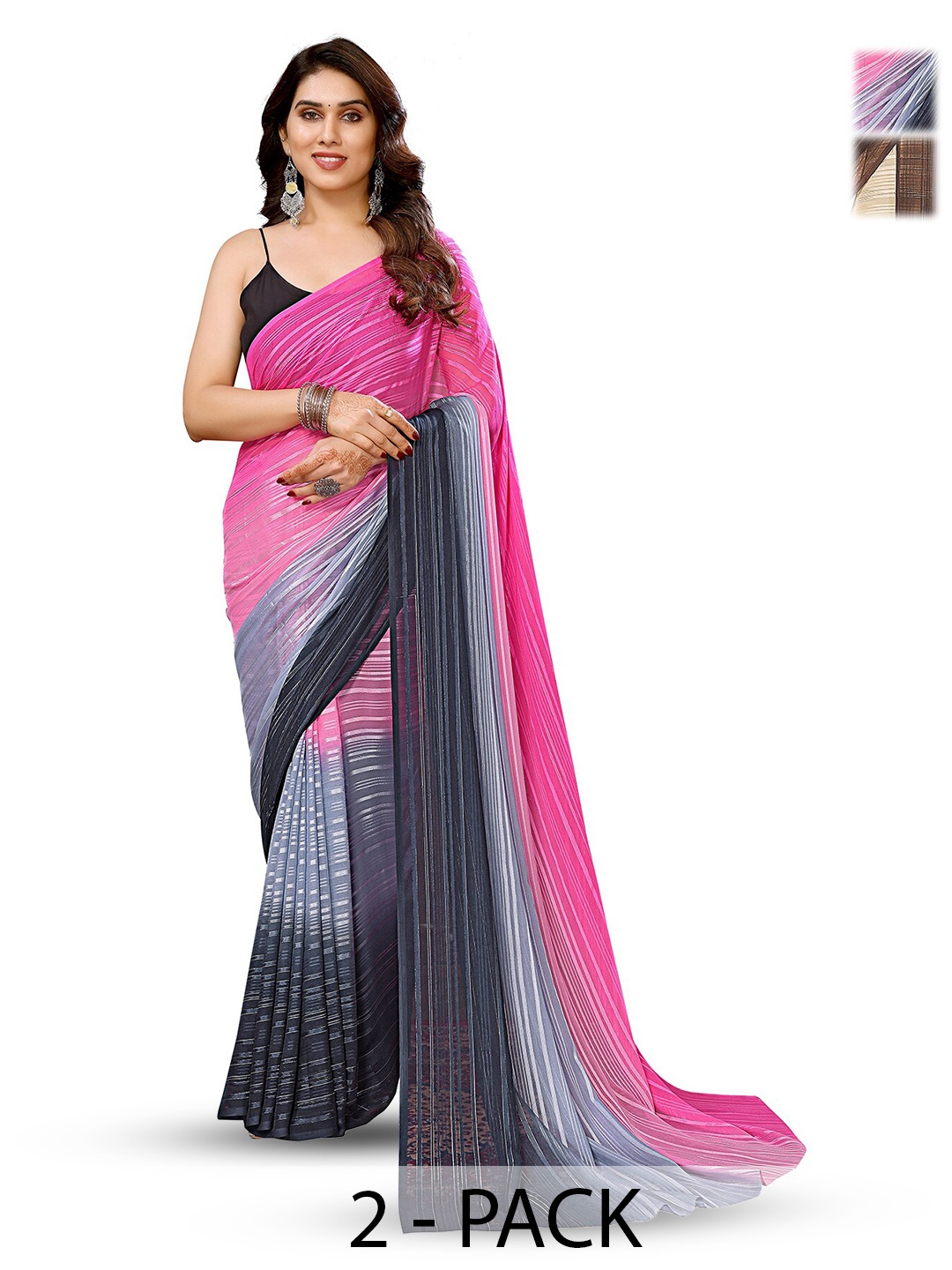

ANAND SAREES Selection Of 2 Striped Sarees, Pink